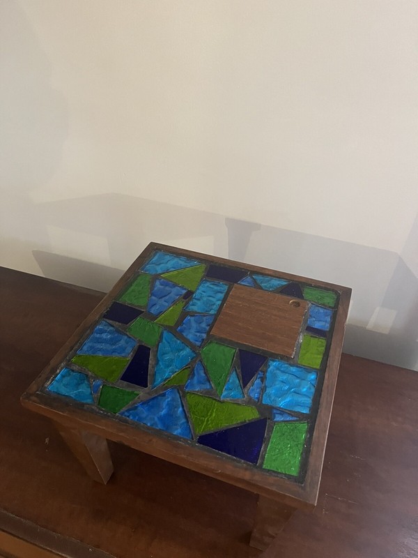 Vintage Green & Blue Glass Mosaic Plant Table. Legs 8” Tall. Table top 12” x 12”