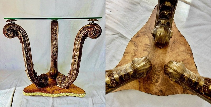 Exquisite Hollywood Regency Carved Gilt Side Table Brass Glass Top Burl Wood gallery