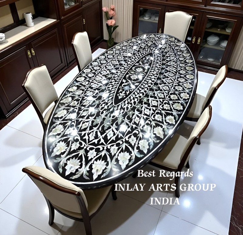Black Marble Oval Dining Table Top, Floral Pietra Dura Inlay, Indian Handicraft gallery