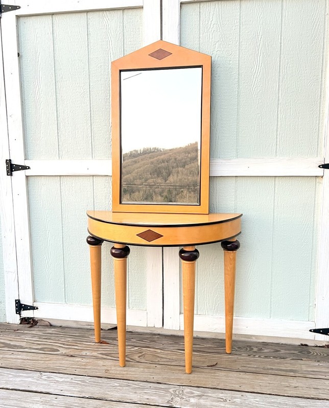 Bombay Company Art Deco Style Birch & Mahogany Demilune Console Table w/ Mirror