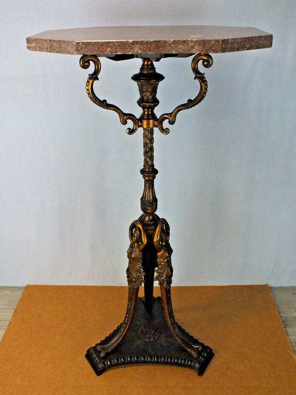 Neoclassical Marble Top Stand Table Bronze Brass with Cast Iron Polychrome Base
