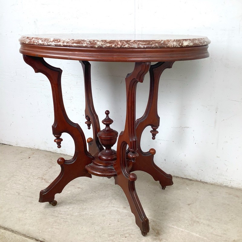 Victorian Revival Marble Top Accent Table Carved Parlor Center Table gallery