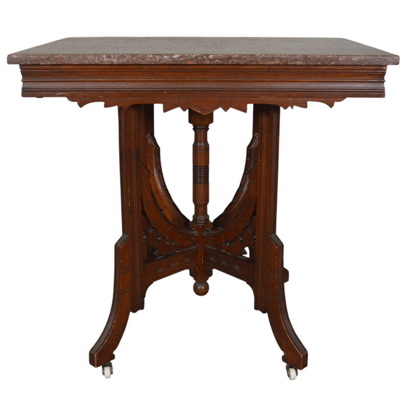 Antique Victorian Walnut Marble Top Parlor Table, Rose Quartz, Carved #22385