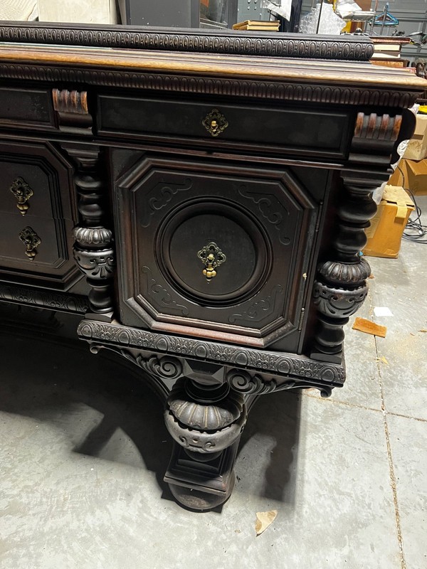 Antique Early 1900s Excel Mfg. Oak Jacobean Renaissance Revival 80” Sideboard gallery