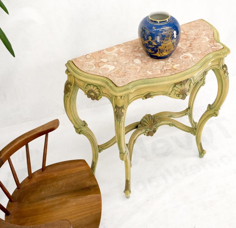 Carved French Regency Paint Decorated Console Table w/ Rouge Pink Marble Top gallery
