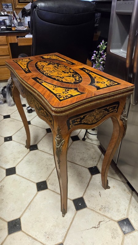 RARE ORNATE Antique French INLAID WOOD Side Table GAME Table Ormolu And More!