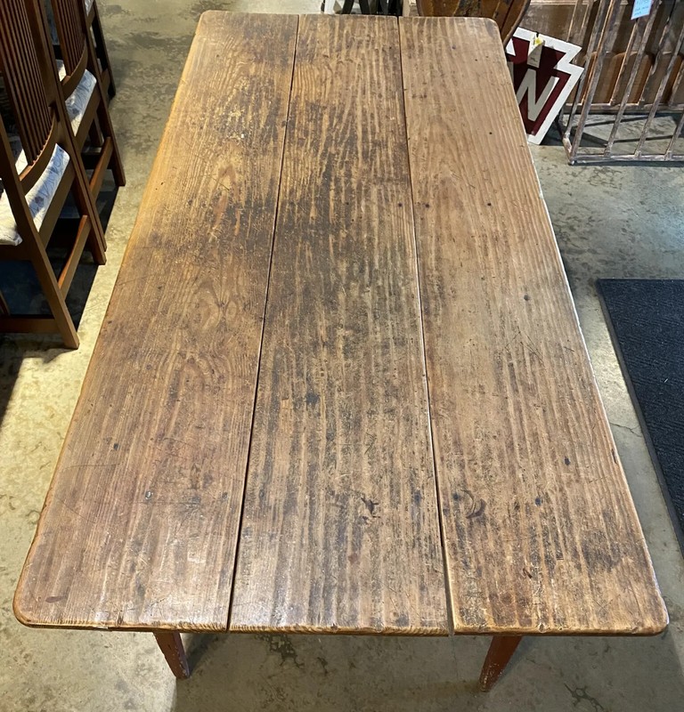 19th c Country Pine Harvest Farm Table with Red Painted Base gallery