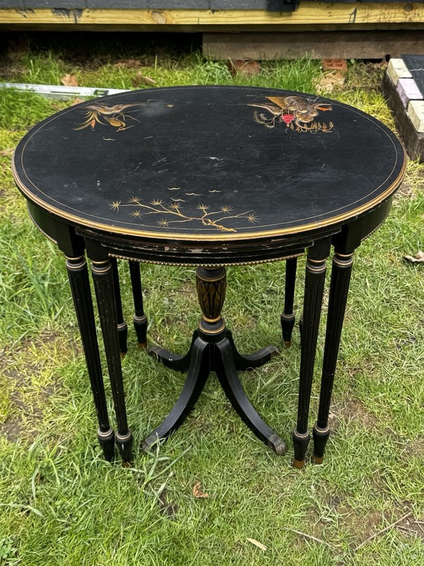 Vintage Oriental Asian Black Nesting Tables Set Of Three w Decorative Table Tops gallery
