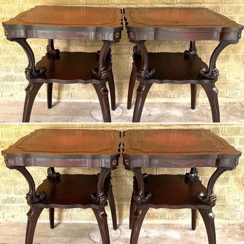 Rare Pair 1940s Mahogany Spider Leg Two Tier End Tables Gold Tooled Leather Tops gallery