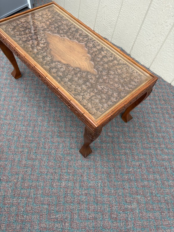 67733 Hand-Carved Coffee Table with Glass Top and Floral Design gallery