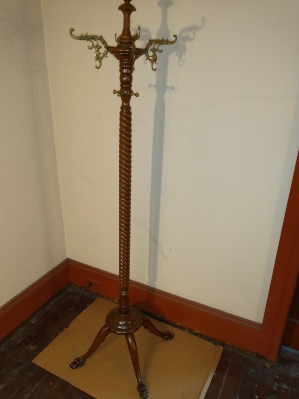 Antique Oak Hall Tree Claw Feet Original finish brass hooks look at the detail gallery