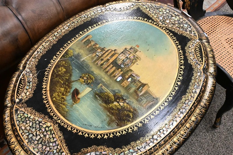 Antique Tip Table, Papier Mache, Black, Gold, Mother of Pearl, Scene, 1800s! gallery