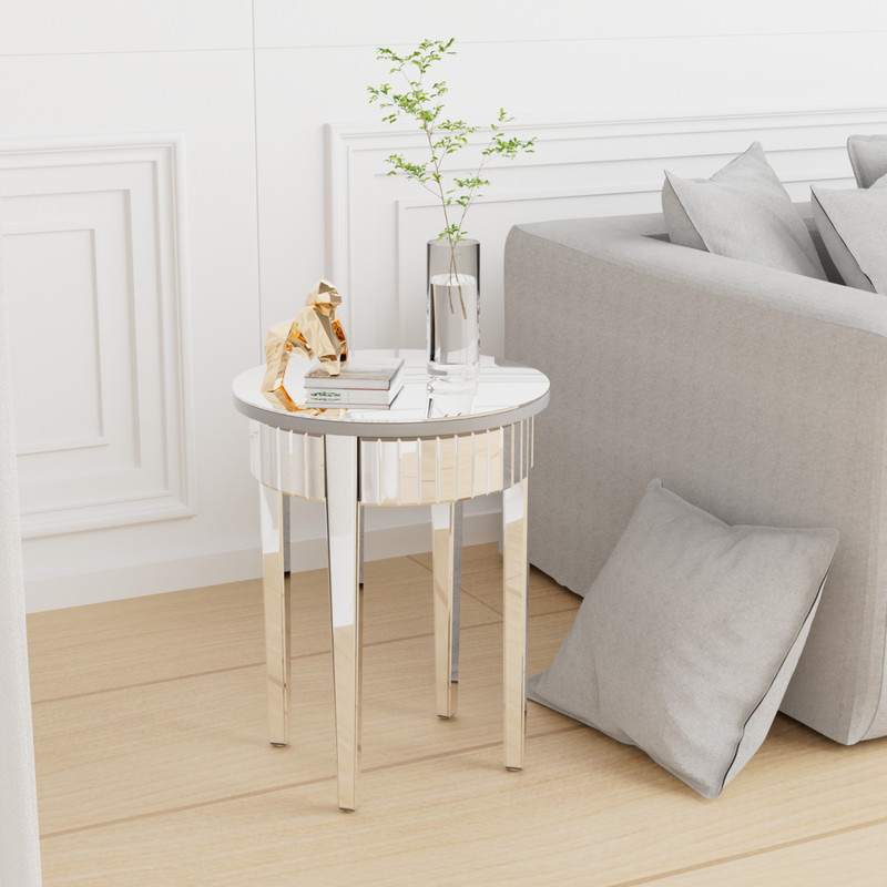 Round Silver Mirrored Side Table Modern Glass Accent for Living Room & Bedroom gallery