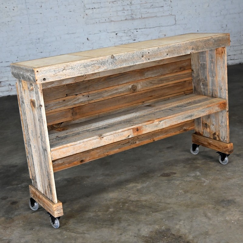 Rustic Distressed Wood Ceramic Top Bookshelf Console Table or Rolling Bar gallery