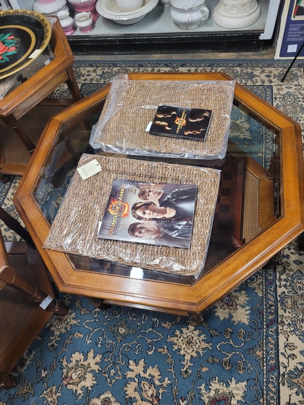 Mid-Century Modern Walnut OCTAGON Glass Top Coffee Table + 2 Ends PICKUP ONLY gallery