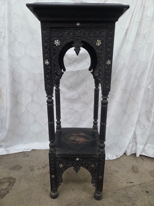 Antique Moorish Syrian Tiered Stand Inlaid Mother of Pearl Carved Plant Table gallery
