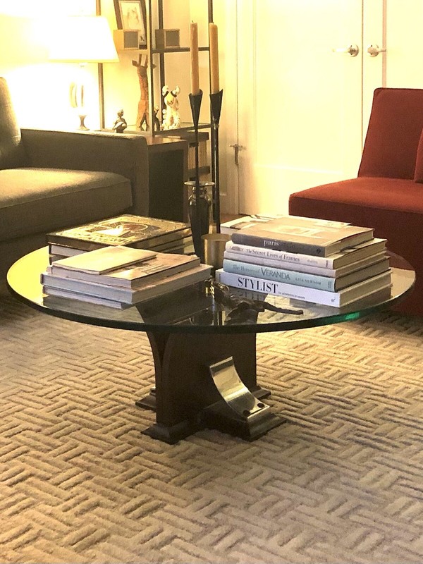 VINTAGE MID CENTURY ROUND TABLE, WALNUT AND CHROME VASE & GLASS TOP 50s 60s