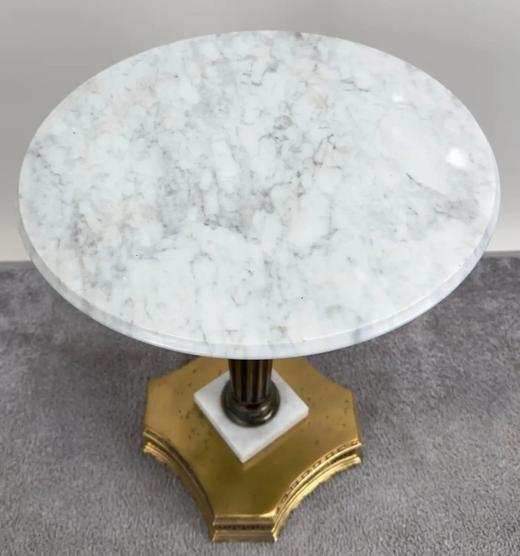 Italian Hollywood Regency Round Marble Brass & Bronze Base Wine Table or Stand gallery