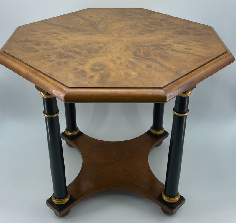 BAKER FURNITURE Octagonal Side Table Burl Wood Black Gold Accent Vintage 19x17