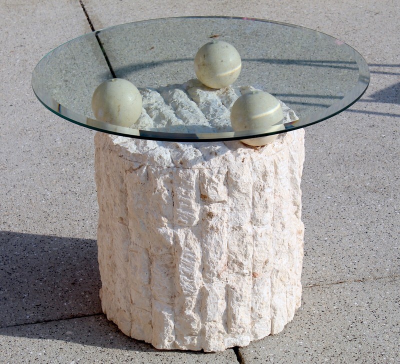 Vintage 1980s Postmodern Mactan Fossil Stone Round Side Table With Glass Top gallery
