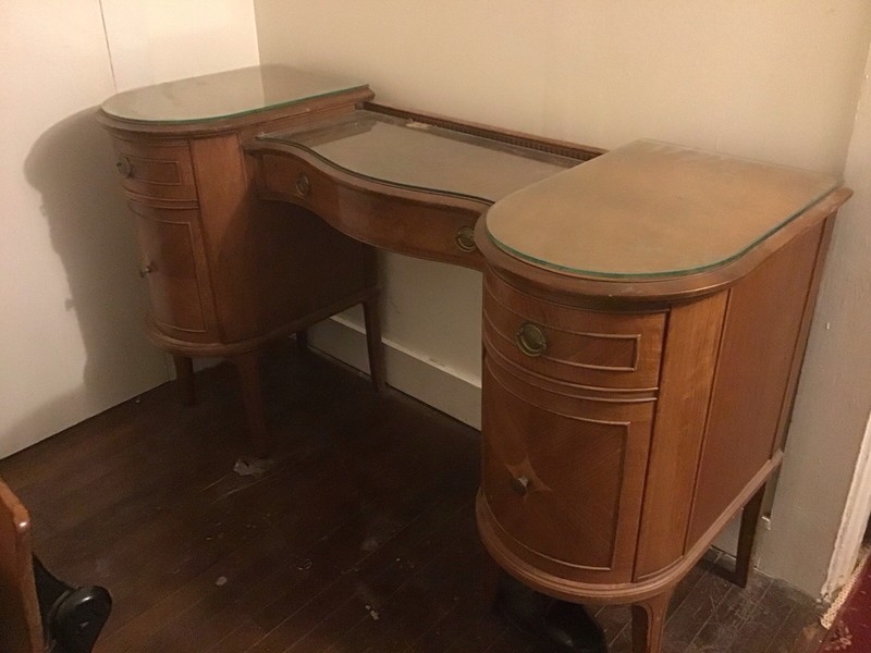 Antique or Vintage Wood Vanity Table w/ Glass Tops