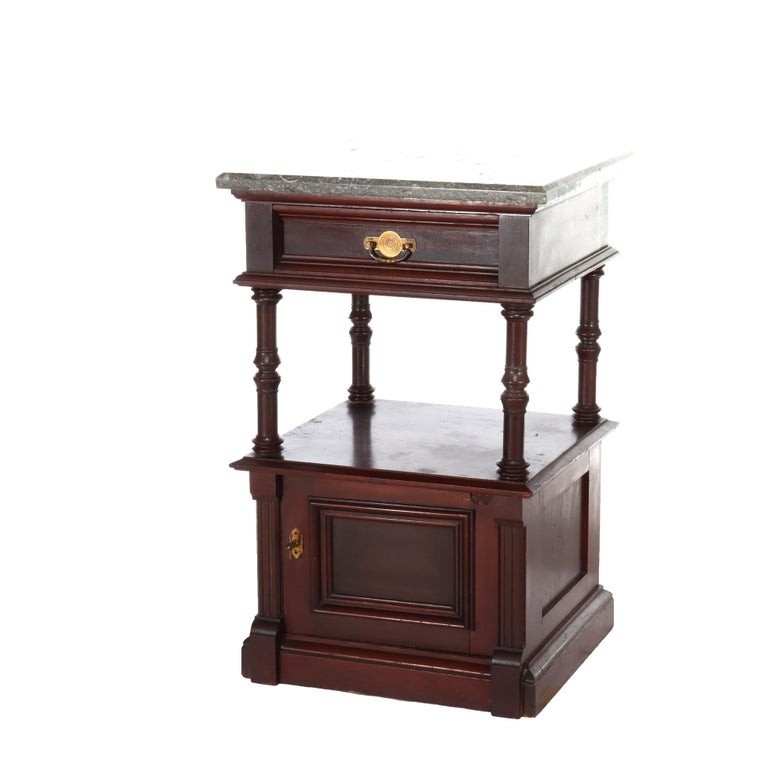 Antique Rennaisance Revival Walnut & Burl Marble Top Commode c1890 gallery