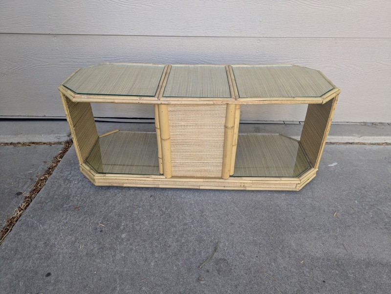 Vintage Asian Boho Chic Bamboo Wicker Rattan Rolling Coffee Table Japanese MCM F gallery