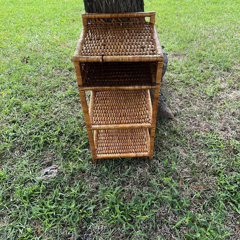 Vintage 26” Bamboo Woven Rattan Wicker Side Table 4 Shelves Bohemian Beach Brown