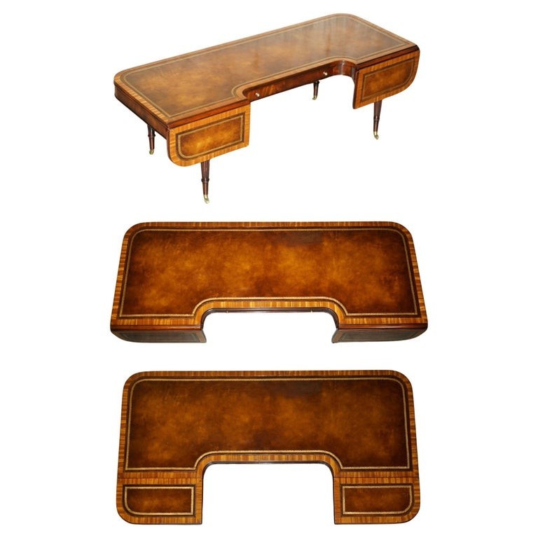 STUNNING HEIRLOOM WEIMAN BROWN LEATHER FLAMED MAHOGANY EXTENDING COFFEE TABLE