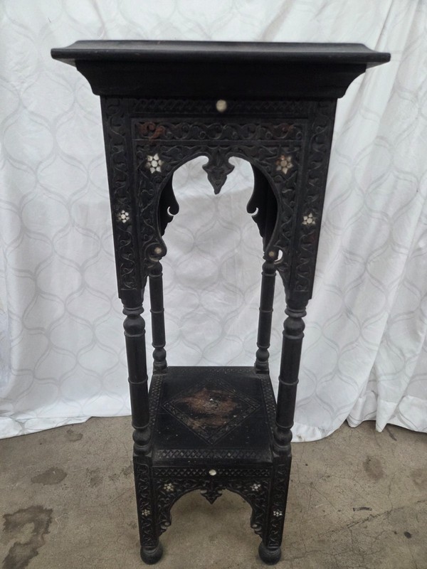 Antique Moorish Syrian Tiered Stand Inlaid Mother of Pearl Carved Plant Table gallery