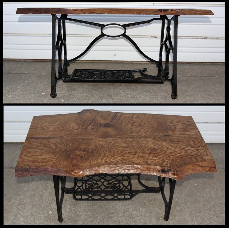 Industrial Live Edge OLD Oak Slab Timber Coffee Table w Iron Sewing Machine Base gallery