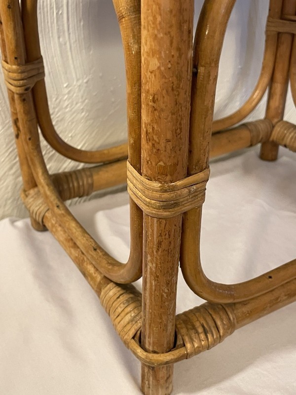 Vintage Woven Bamboo Rattan Wicket Side End Table Plant Stand Boho Chic MCM gallery