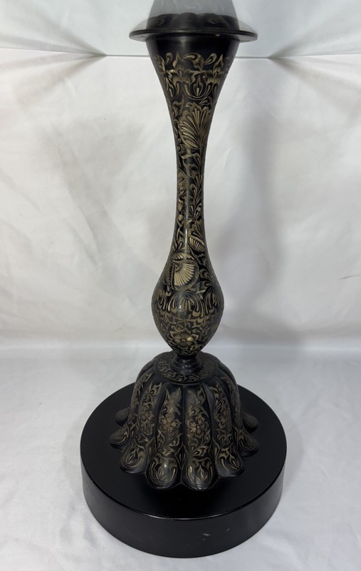 Vintage Mid Century Engraved Etched Blackened Brass Glass Top Side Table INDIA A gallery