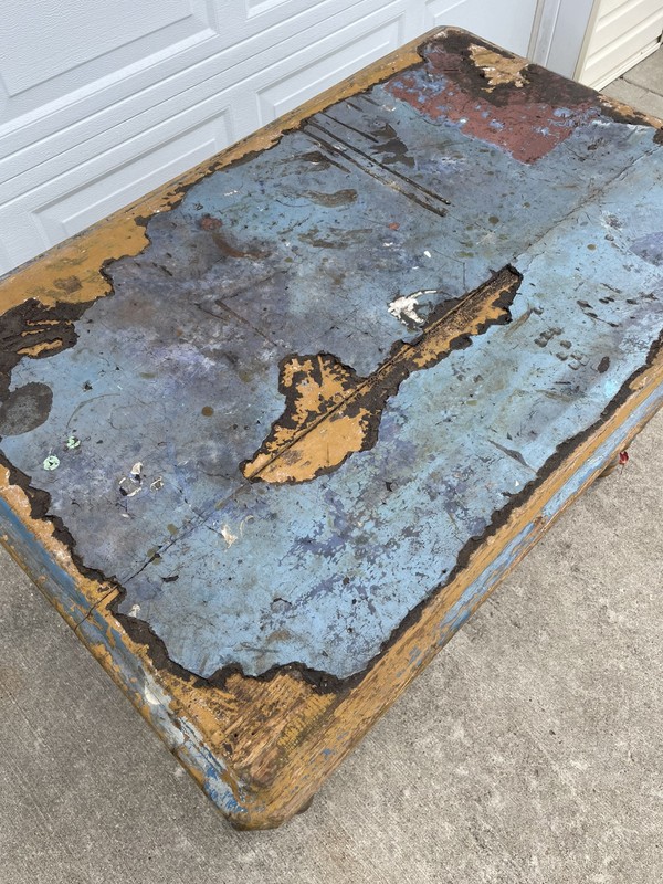 Old Antique Primitive Game Table Oak 42L 27W 29H Old Blue Paint Solid gallery