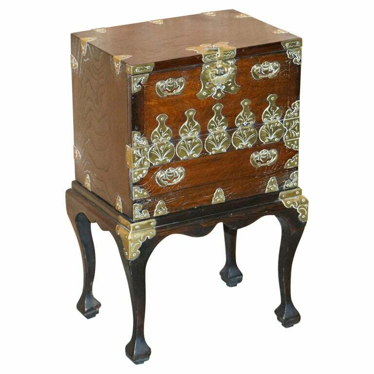ANTIQUE JAPANESE 1880 ELM SIDE TABLE ON STAND WITH ORNATE CAST BRASS FIXTURES