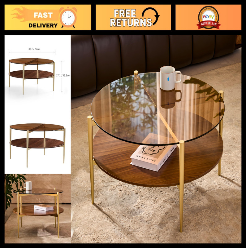 Mid-Century Modern Round Glass Coffee Table, 2-Tier Amber Top, Walnut Shelf, Gol