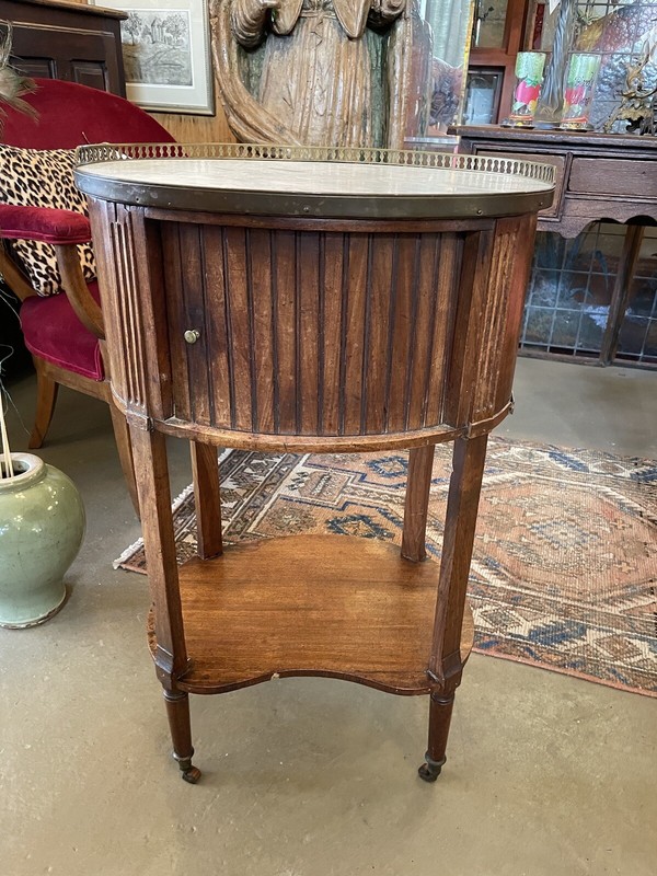 Early 19th Century French Oval Fruitwood Marble Top Side Table w/ Tambour Door