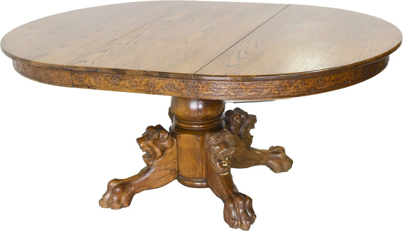 Victorian R. J. Horner and Co. Oak Pedestal Carved Lion Head Dining Table Single