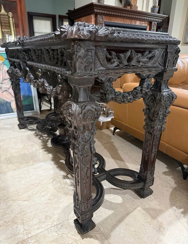Monumental Hand-Carved Wood Console Table With Heavy Marble Top gallery