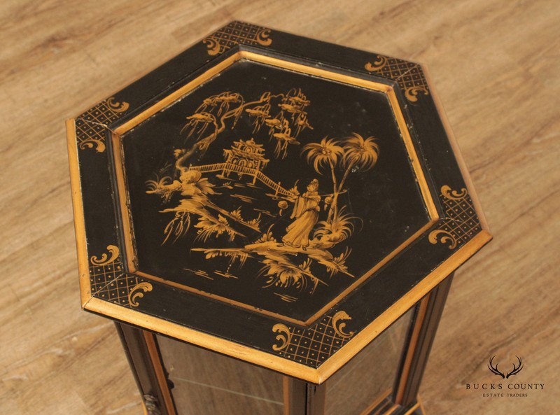 Chinoiserie Decorated Black and Gold Vitrine Side Table gallery