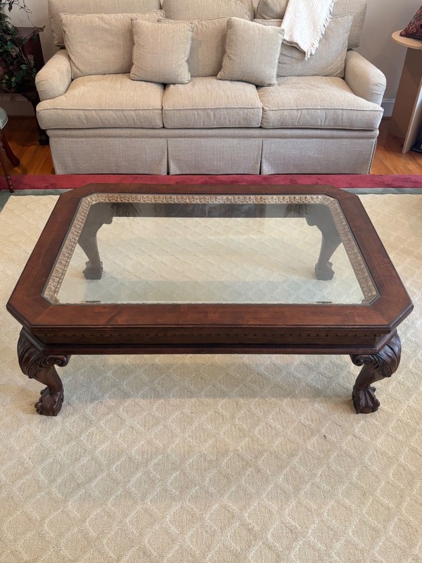 Vintage Rectangle Carved Mahogany Glass Top Coffee Table Claw Feet Beveled Glass gallery