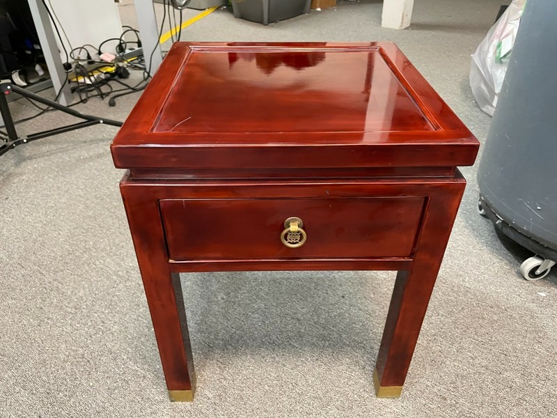 RARE Vintage THANH LE Vietnam Pair 19" Red Lacquer Wood Brass Side End Tables gallery