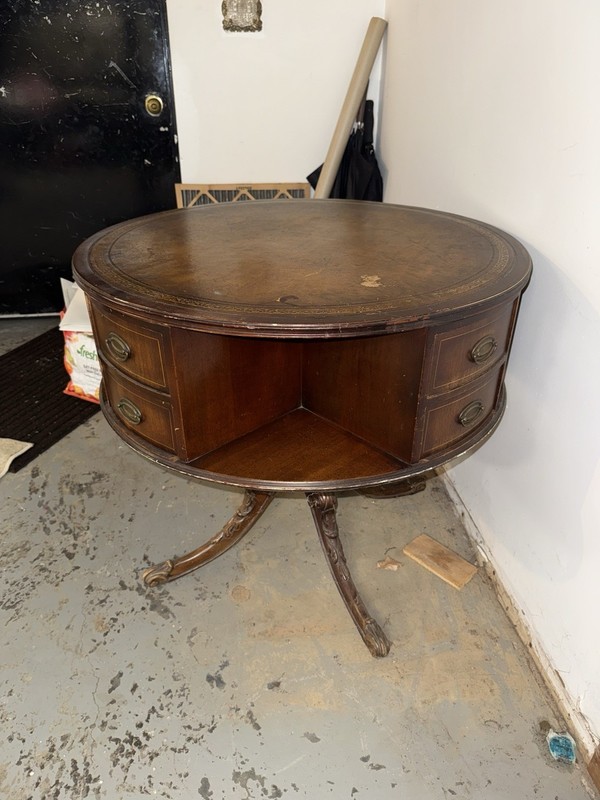 Weiman, Inlaid Leather Round Drum Coffee Table 32″ Wide 29″ Tall