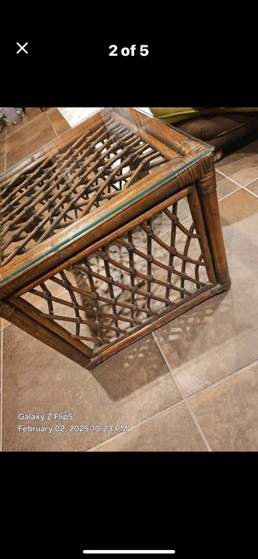 Vintage Woven Bamboo Rattan Side End Table Plant Stand Boho Chic MCM Glass Top gallery