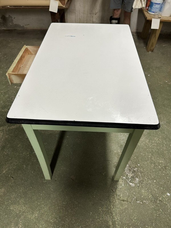 Vintage Mid-Century Porcelain Enamel-Top Kitchen Table with Green Painted Base a gallery
