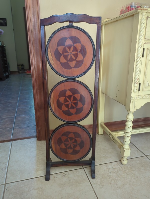 Vintage Folding Pie Cake Stand 3 Tier Handmade Inlay Wooden gallery