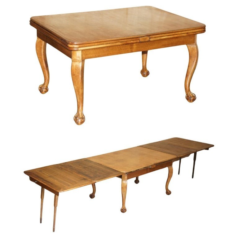 MASSIVELY EXTENDING ANTIQUE FRENCH WALNUT ART DECO CLAW & BALL DINING TABLE