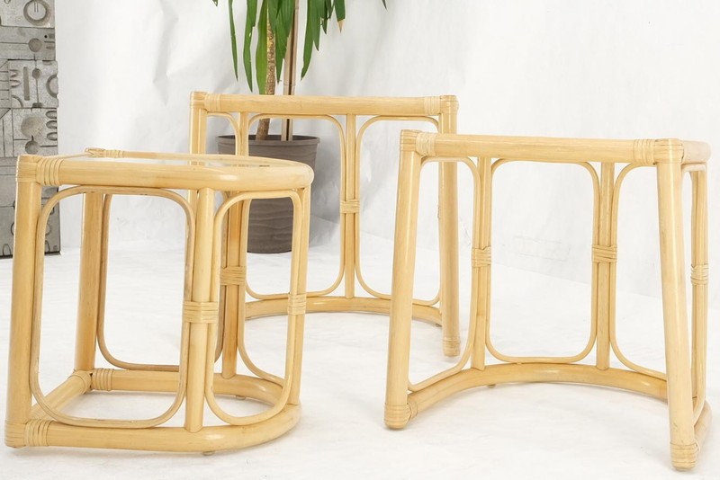 Bent Reed Bamboo Rattan Set of Three Stacking End Side Occasional Tables Stands gallery