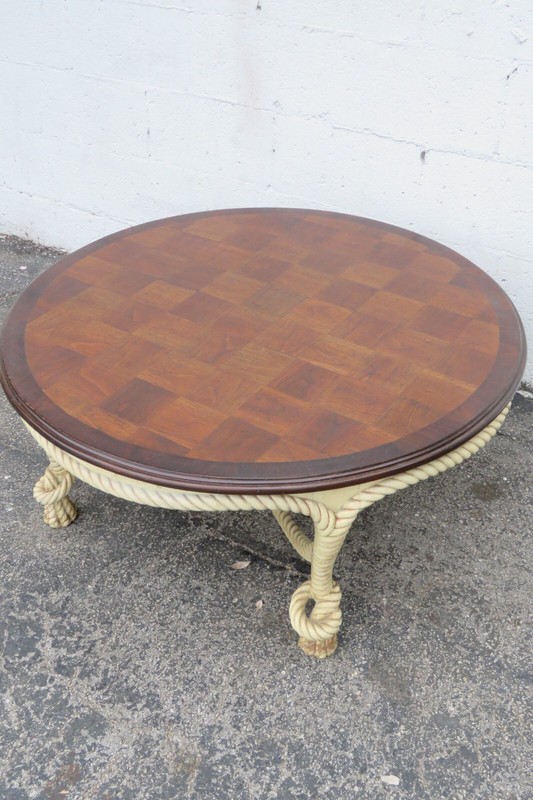 Hollywood Regency Round Carved Rope Design Two Tones Coffee Table 5842 gallery