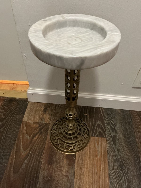 Vintage Reticulated Solid Brass Marble Top Freestanding Ashtray approx 18”